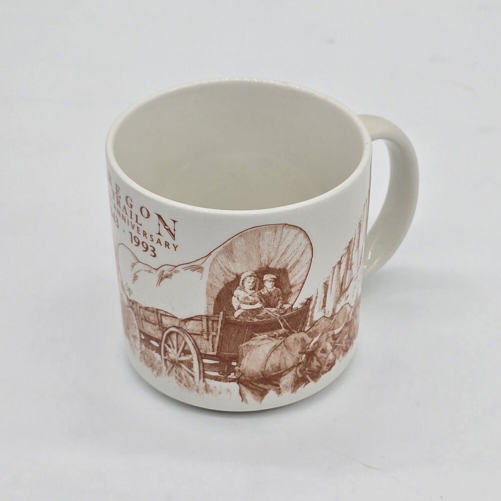 Vintage Oregon Trail 150th Anniversary Coffee Mug Covered Wagon Settlers Horses